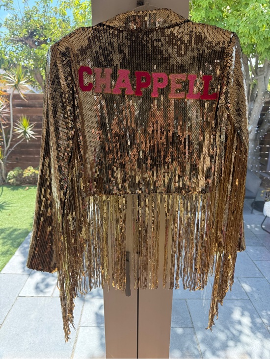 Nasty Gal Jackets & Blazers - Nasty Gal Gold Sequin Fringe Jacket with Chappell Roan Pink Lettering/ Halloween